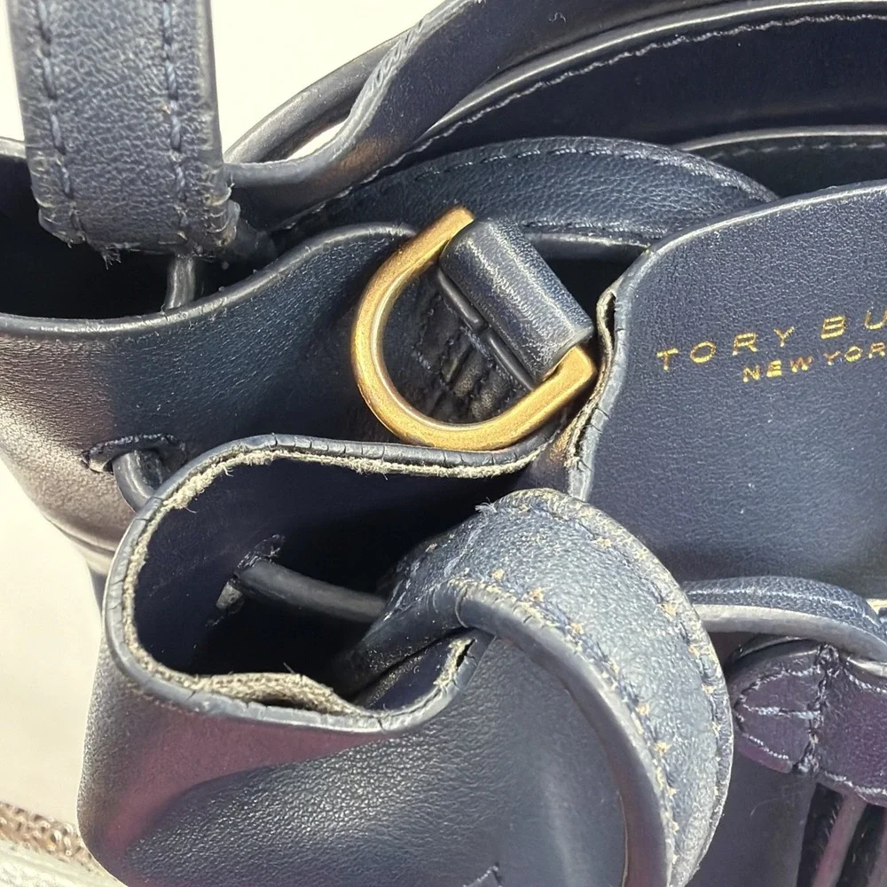 Tory Burch Block T Small Navy Blue Leather Bucket Bag Drawstring Closure
